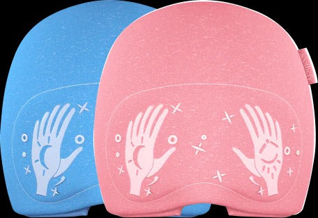 Blush pink and ocean blue migraine relief caps side by side